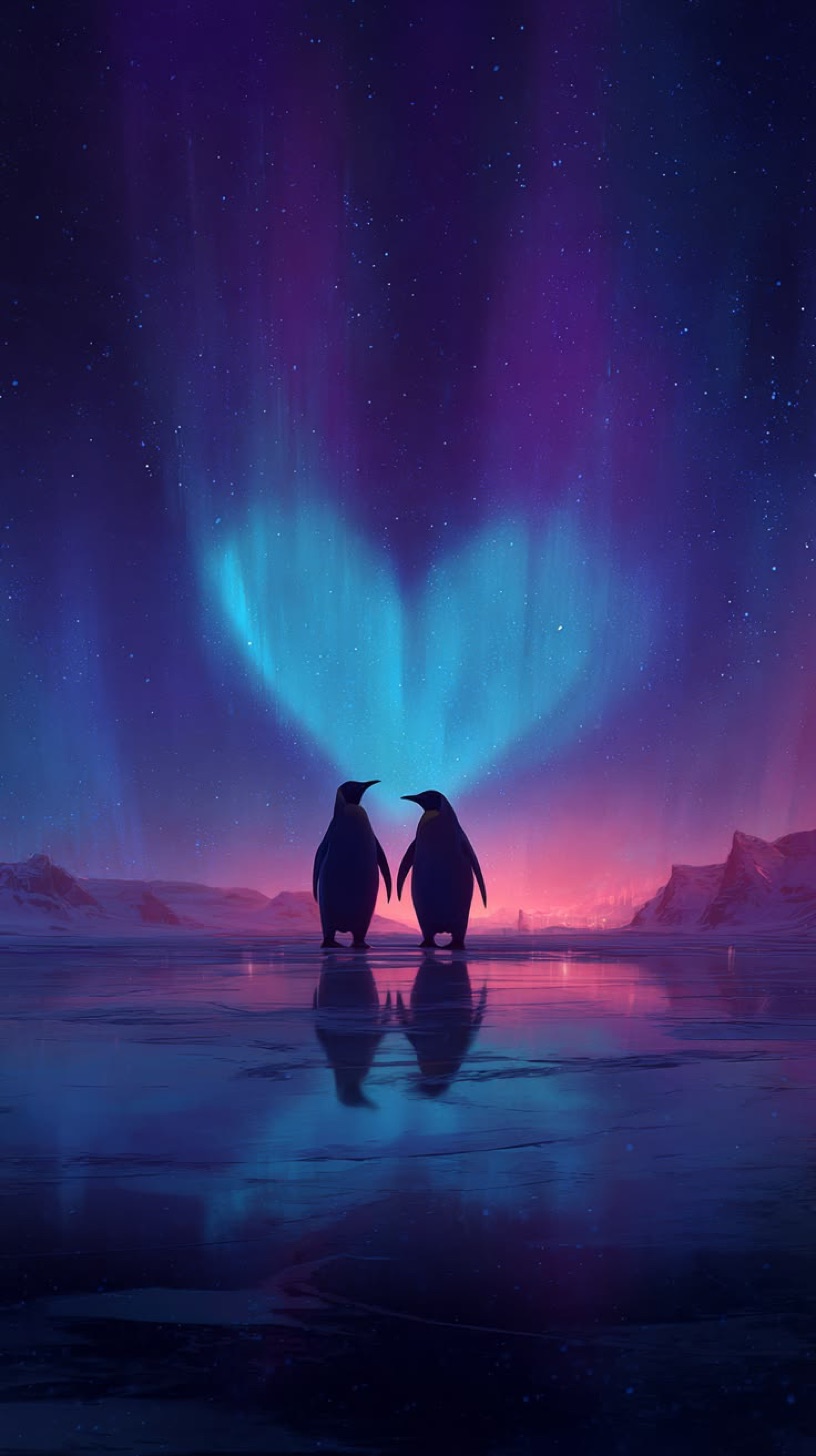 Two penguins together beneath the northern lights