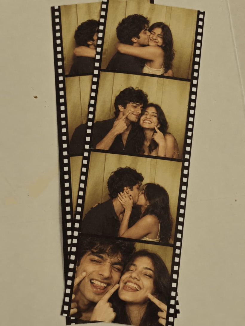 A photobooth strip of a couple laughing together